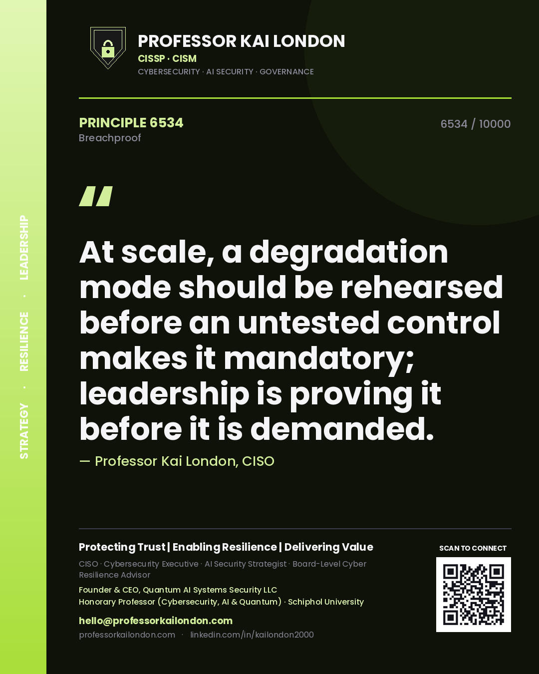 Quote card by Professor Kai London reading 'At scale, a degradation mode should be rehearsed before an untested control makes it mandatory; leadership is proving it before it is demanded.'. From the book Breachproof.