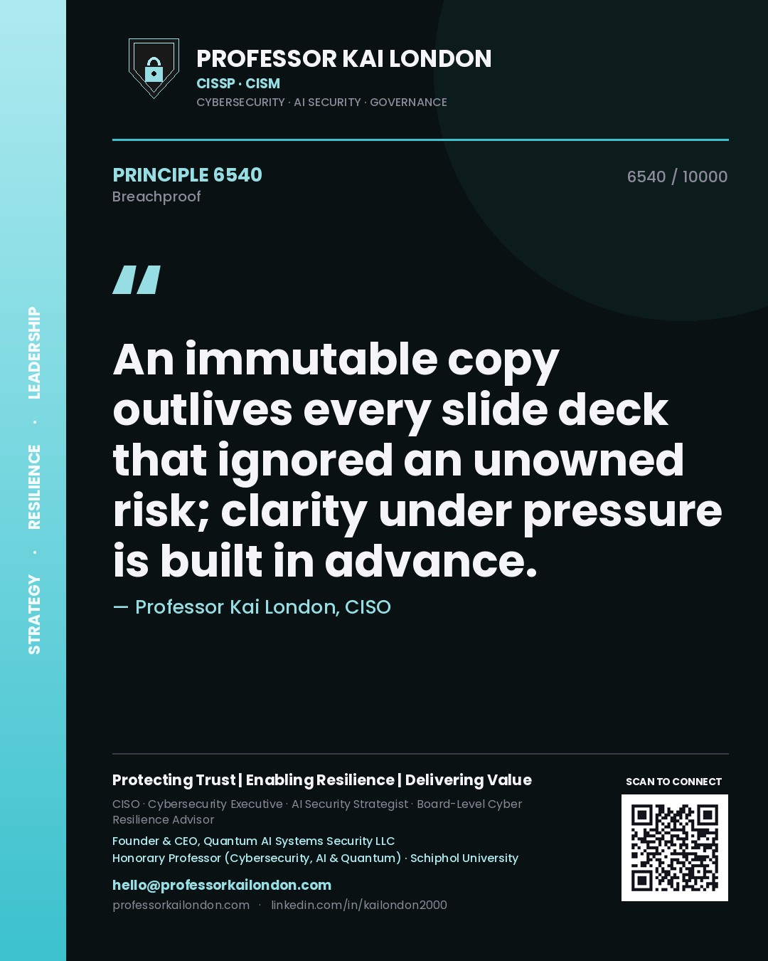 Quote card by Professor Kai London reading 'An immutable copy outlives every slide deck that ignored an unowned risk; clarity under pressure is built in advance.'. From the book Breachproof.