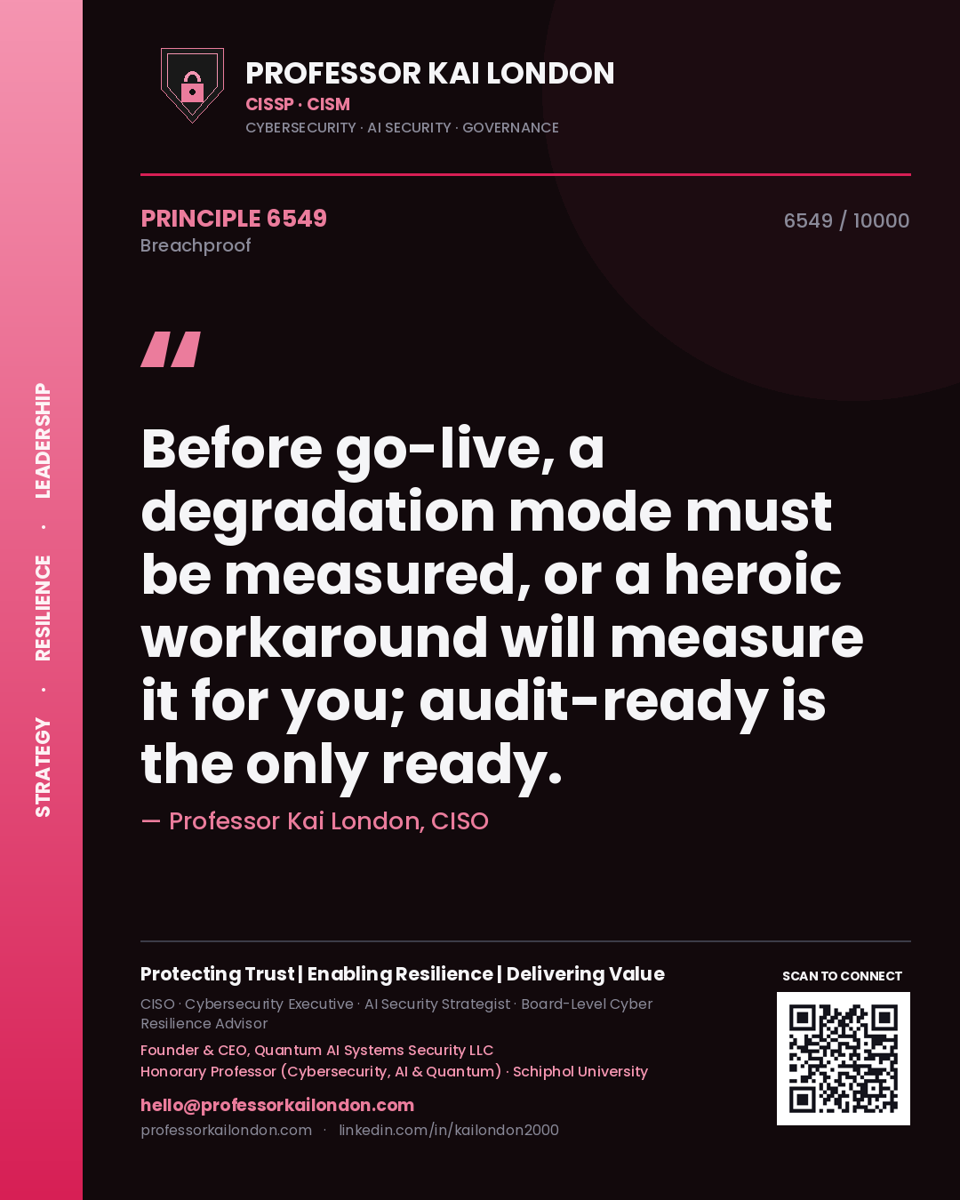 Quote card by Professor Kai London reading 'Before go-live, a degradation mode must be measured, or a heroic workaround will measure it for you; audit-ready is the only ready.'. From the book Breachproof.