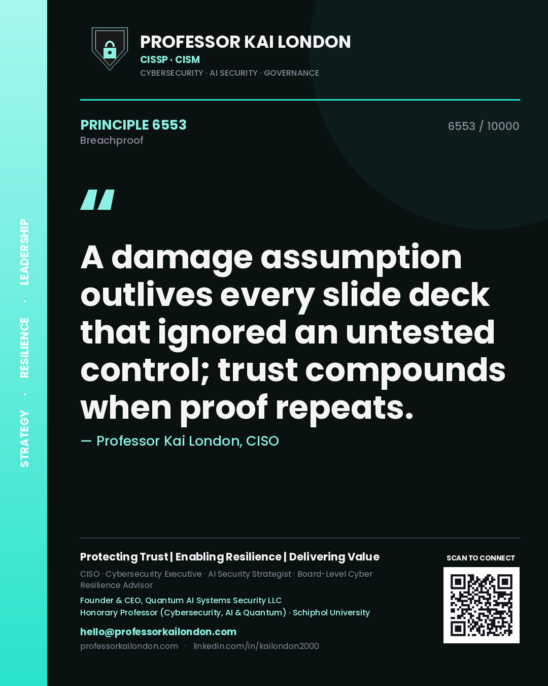 Quote card by Professor Kai London reading 'A damage assumption outlives every slide deck that ignored an untested control; trust compounds when proof repeats.'. From the book Breachproof.