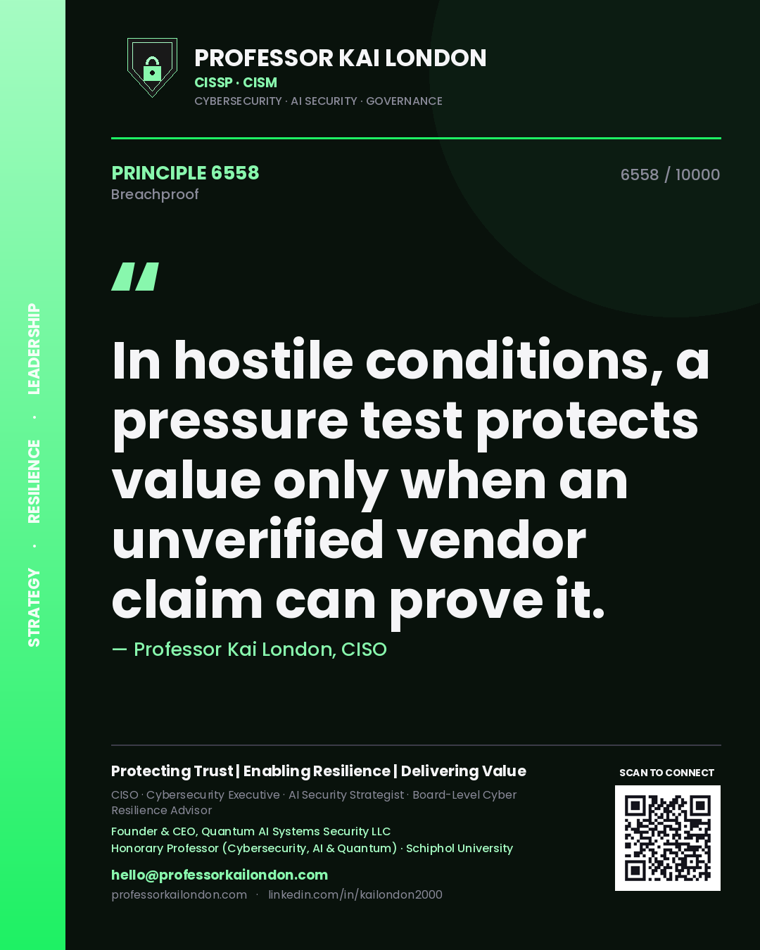 Quote card by Professor Kai London reading 'In hostile conditions, a pressure test protects value only when an unverified vendor claim can prove it.'. From the book Breachproof.