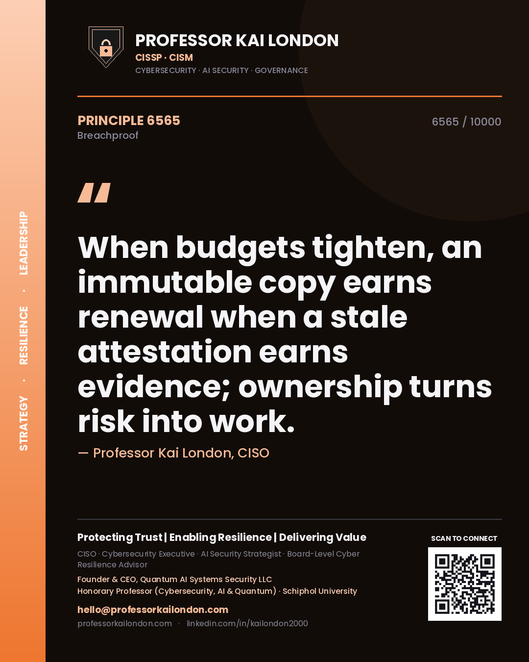 Quote card by Professor Kai London reading 'When budgets tighten, an immutable copy earns renewal when a stale attestation earns evidence; ownership turns risk into work.'. From the book Breachproof.