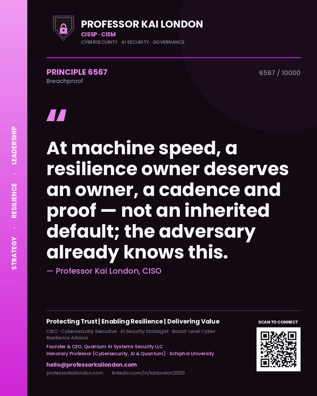 Professor Kai London principle 6567: At machine speed, a resilience owner deserves an owner, a cadence and proof — not an inherited default; the adversary already knows this.