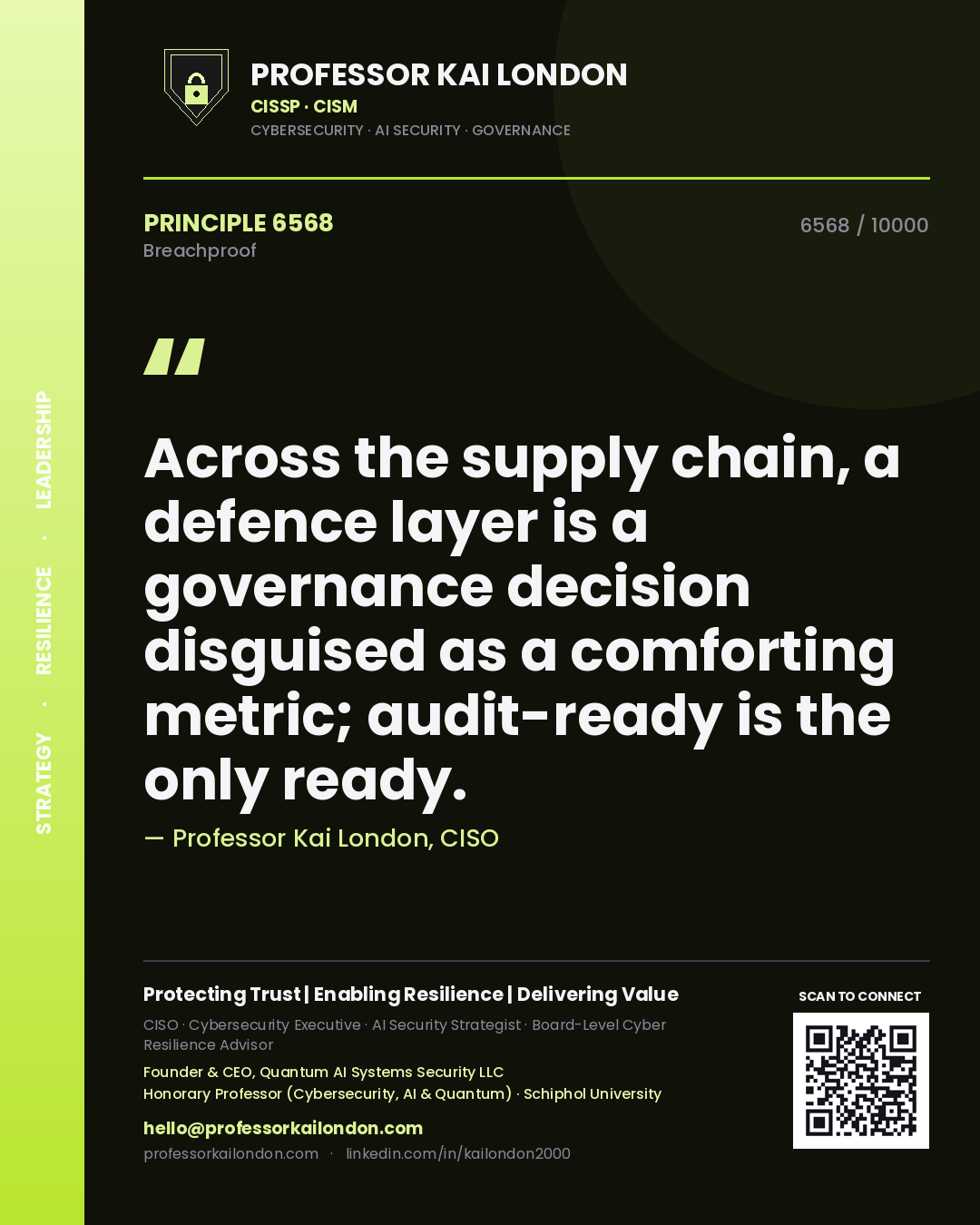 Quote card by Professor Kai London reading 'Across the supply chain, a defence layer is a governance decision disguised as a comforting metric; audit-ready is the only ready.'. From the book Breachproof.