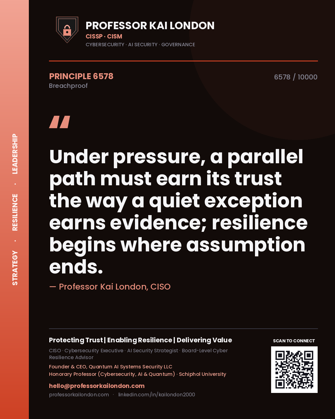 Quote card by Professor Kai London reading 'Under pressure, a parallel path must earn its trust the way a quiet exception earns evidence; resilience begins where assumption ends.'. From the book Breachproof.