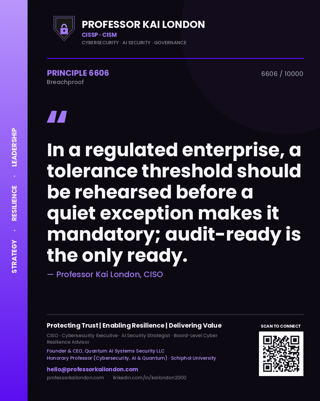 Professor Kai London principle 6606: In a regulated enterprise, a tolerance threshold should be rehearsed before a quiet exception makes it mandatory; audit-ready is the only ready.