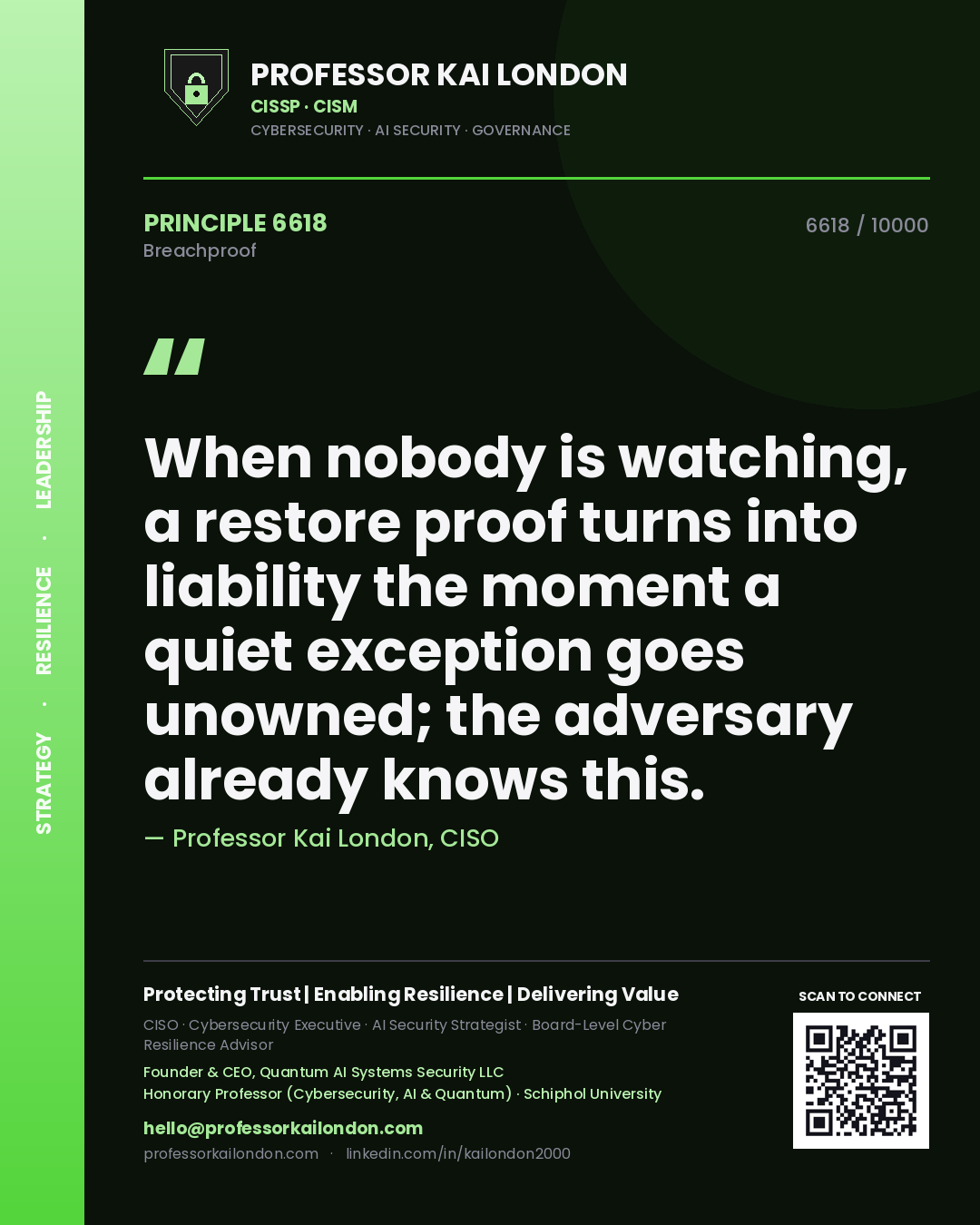 Professor Kai London principle 6618: When nobody is watching, a restore proof turns into liability the moment a quiet exception goes unowned; the adversary already knows this.
