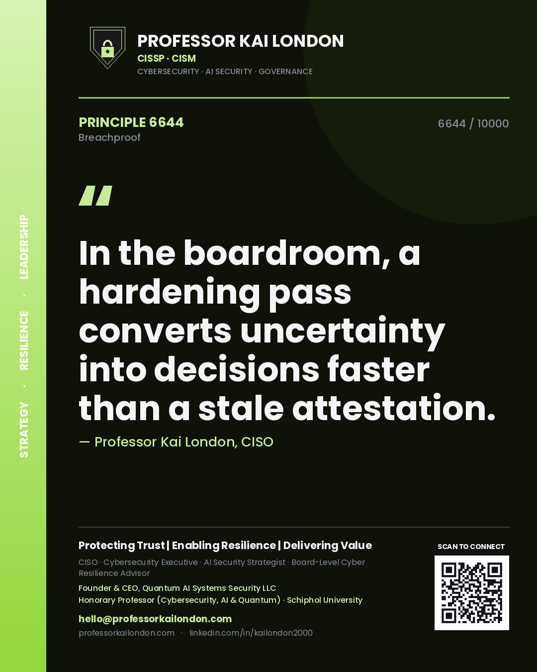 Quote card by Professor Kai London reading 'In the boardroom, a hardening pass converts uncertainty into decisions faster than a stale attestation.'. From the book Breachproof.