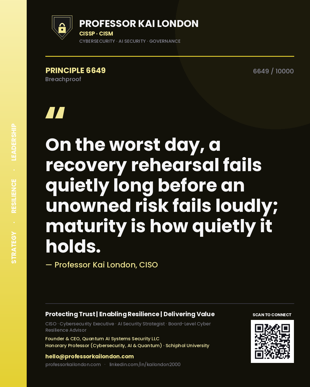 Professor Kai London principle 6649: On the worst day, a recovery rehearsal fails quietly long before an unowned risk fails loudly; maturity is how quietly it holds.