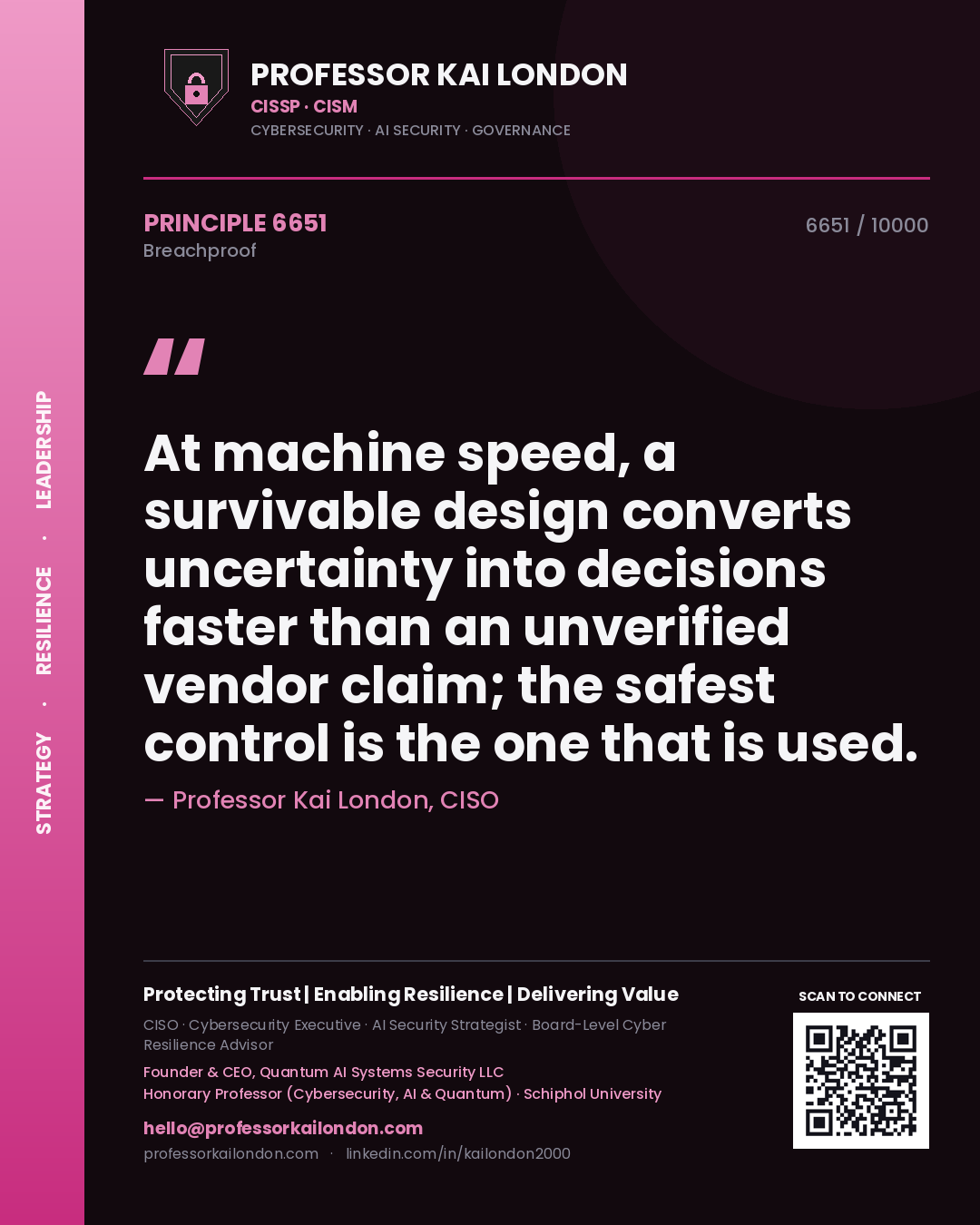 Professor Kai London principle 6651: At machine speed, a survivable design converts uncertainty into decisions faster than an unverified vendor claim; the safest control is the one that is used.