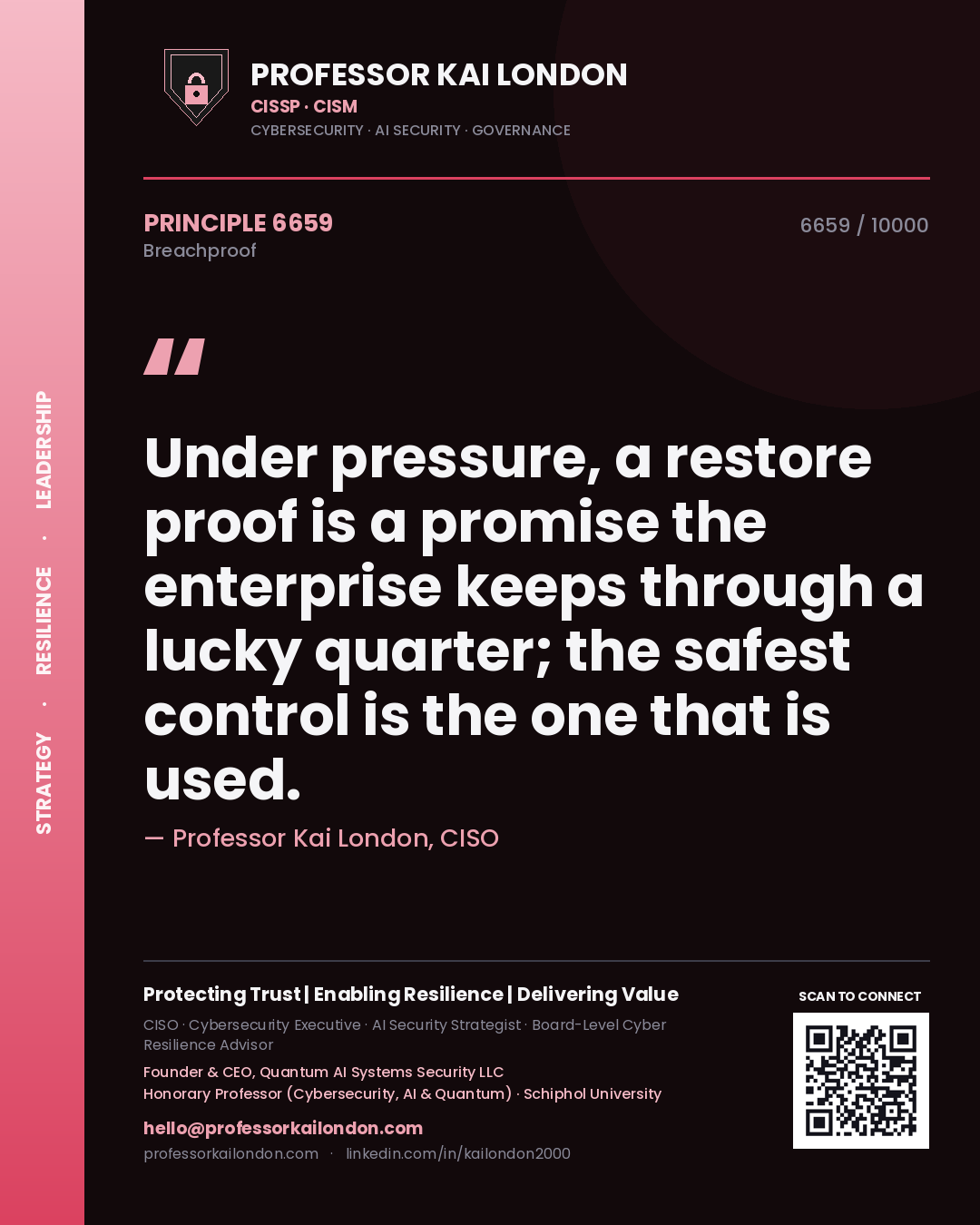 Professor Kai London principle 6659: Under pressure, a restore proof is a promise the enterprise keeps through a lucky quarter; the safest control is the one that is used.
