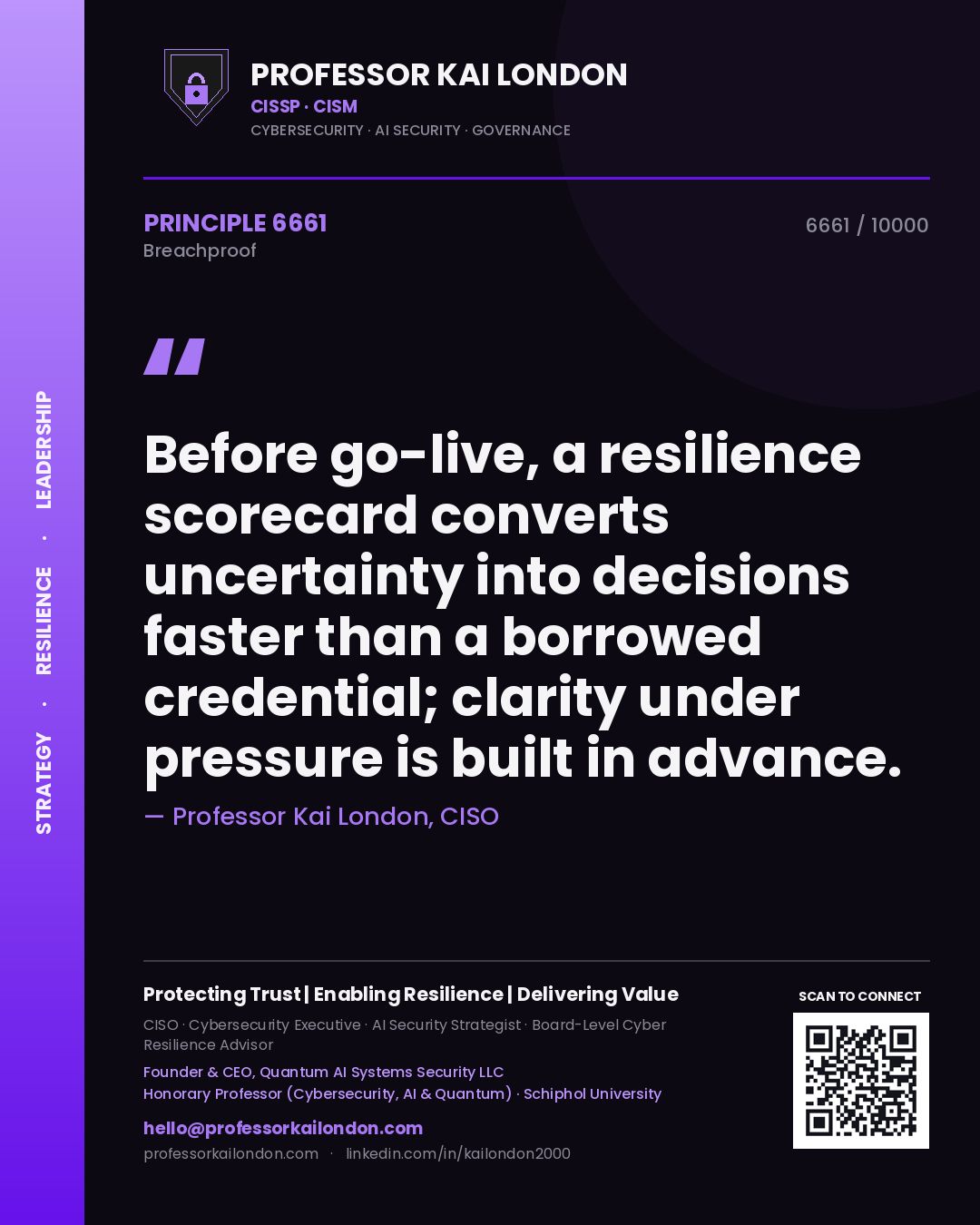 Professor Kai London principle 6661: Before go-live, a resilience scorecard converts uncertainty into decisions faster than a borrowed credential; clarity under pressure is built in advance.