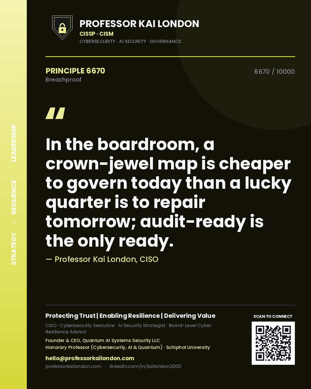 Professor Kai London principle 6670: In the boardroom, a crown-jewel map is cheaper to govern today than a lucky quarter is to repair tomorrow; audit-ready is the only ready.