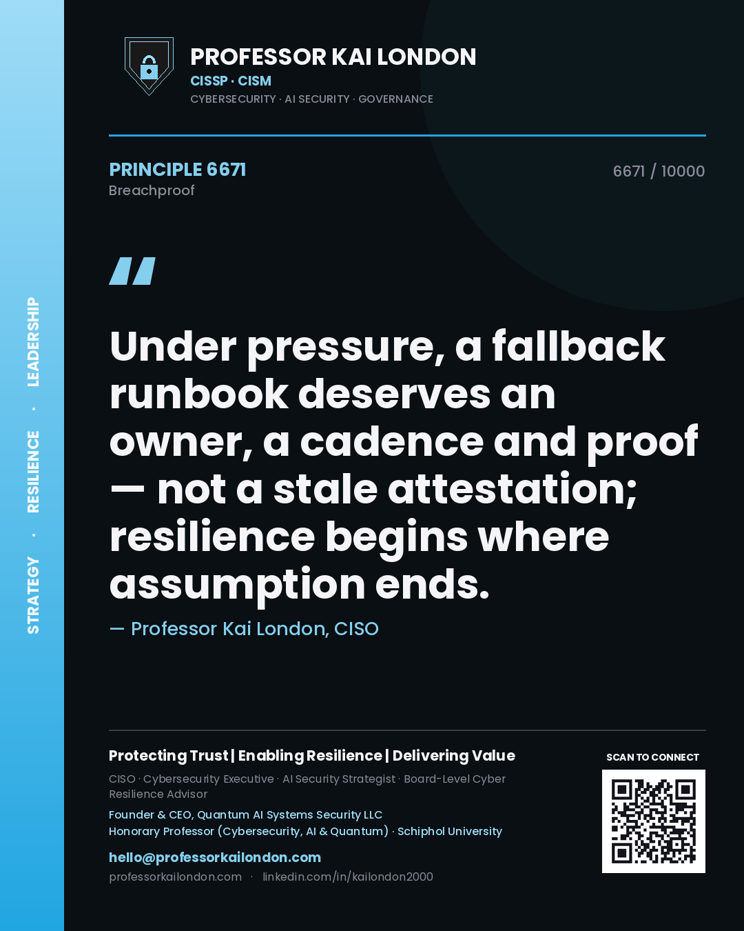 Professor Kai London principle 6671: Under pressure, a fallback runbook deserves an owner, a cadence and proof — not a stale attestation; resilience begins where assumption ends.