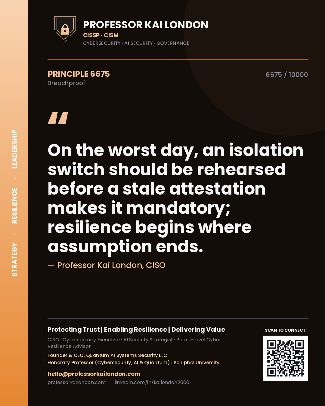Quote card by Professor Kai London reading 'On the worst day, an isolation switch should be rehearsed before a stale attestation makes it mandatory; resilience begins where assumption ends.'. From the book Breachproof.