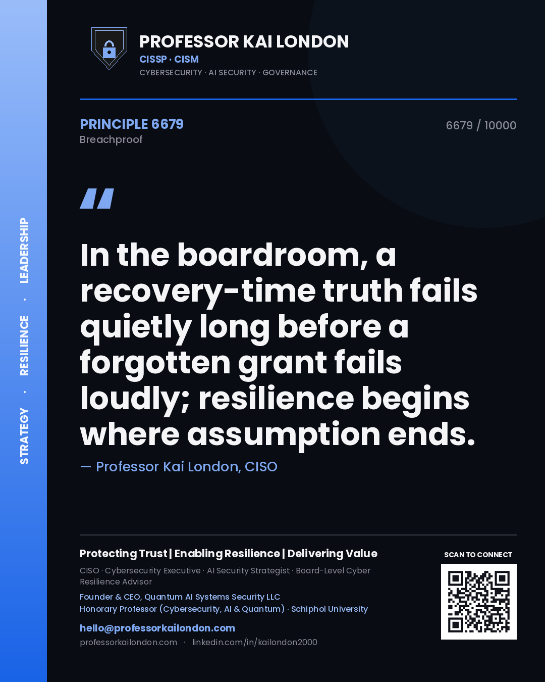 Quote card by Professor Kai London reading 'In the boardroom, a recovery-time truth fails quietly long before a forgotten grant fails loudly; resilience begins where assumption ends.'. From the book Breachproof.