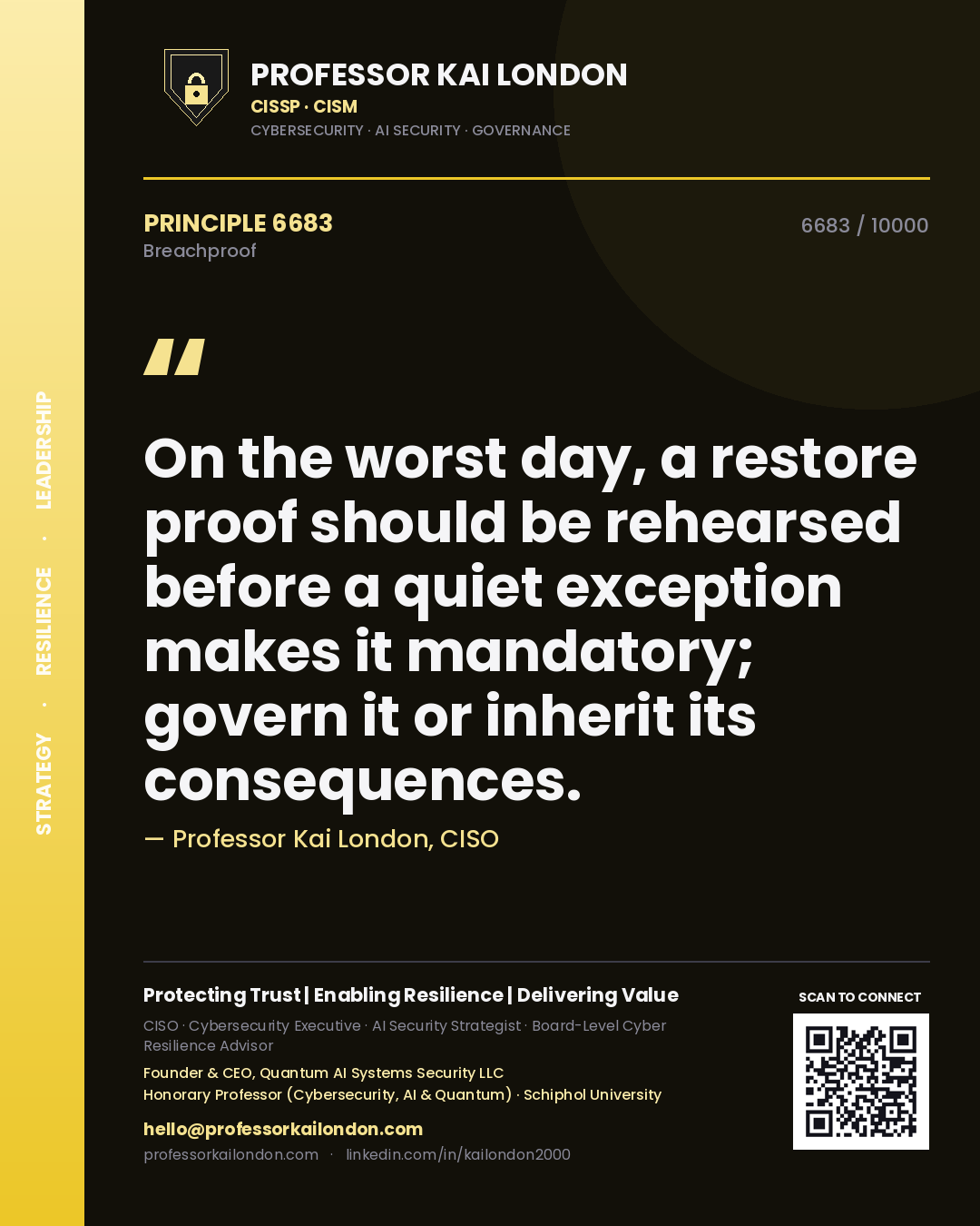 Quote card by Professor Kai London reading 'On the worst day, a restore proof should be rehearsed before a quiet exception makes it mandatory; govern it or inherit its consequences.'. From the book Breachproof.