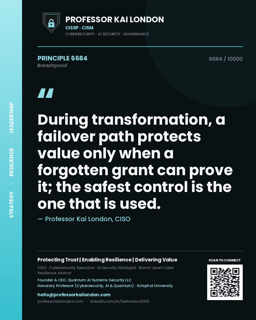 Quote card by Professor Kai London reading 'During transformation, a failover path protects value only when a forgotten grant can prove it; the safest control is the one that is used.'. From the book Breachproof.