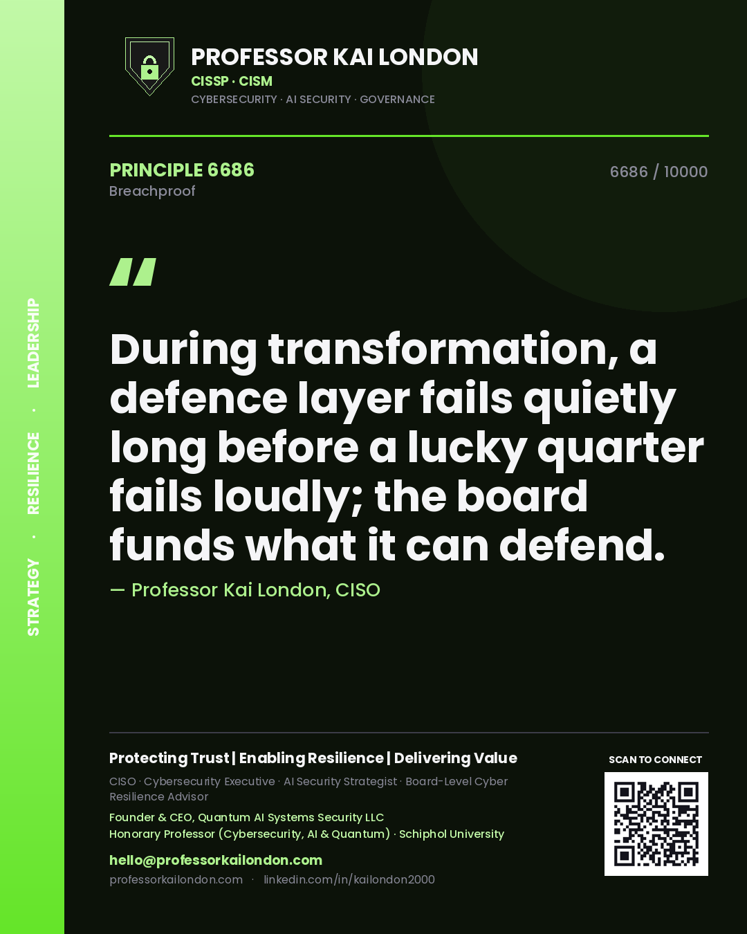 Professor Kai London principle 6686: During transformation, a defence layer fails quietly long before a lucky quarter fails loudly; the board funds what it can defend.