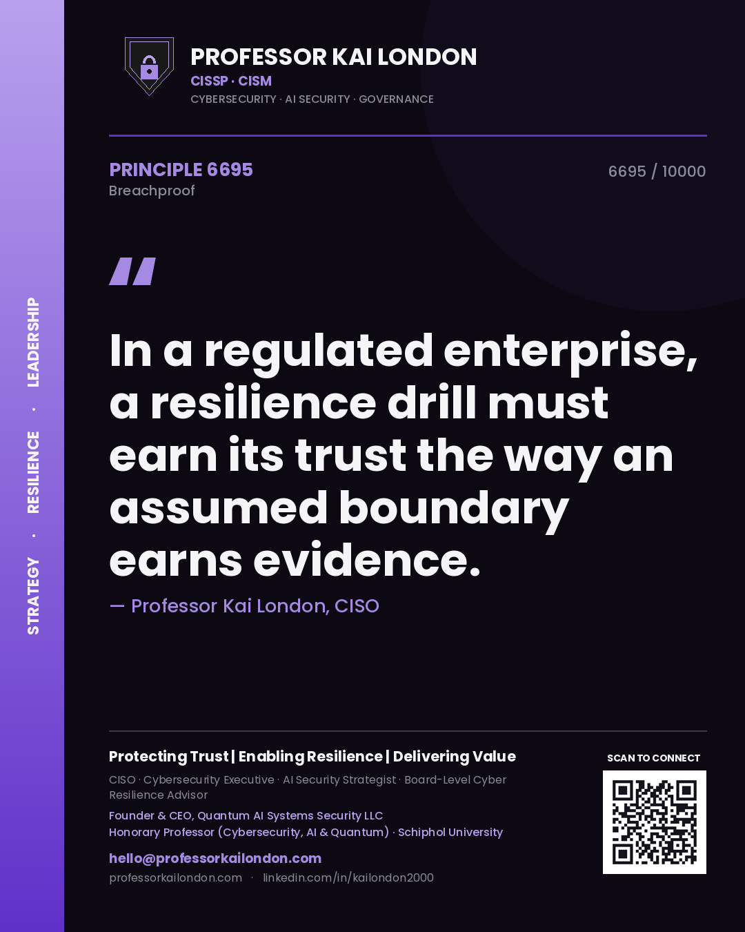 Professor Kai London principle 6695: In a regulated enterprise, a resilience drill must earn its trust the way an assumed boundary earns evidence.