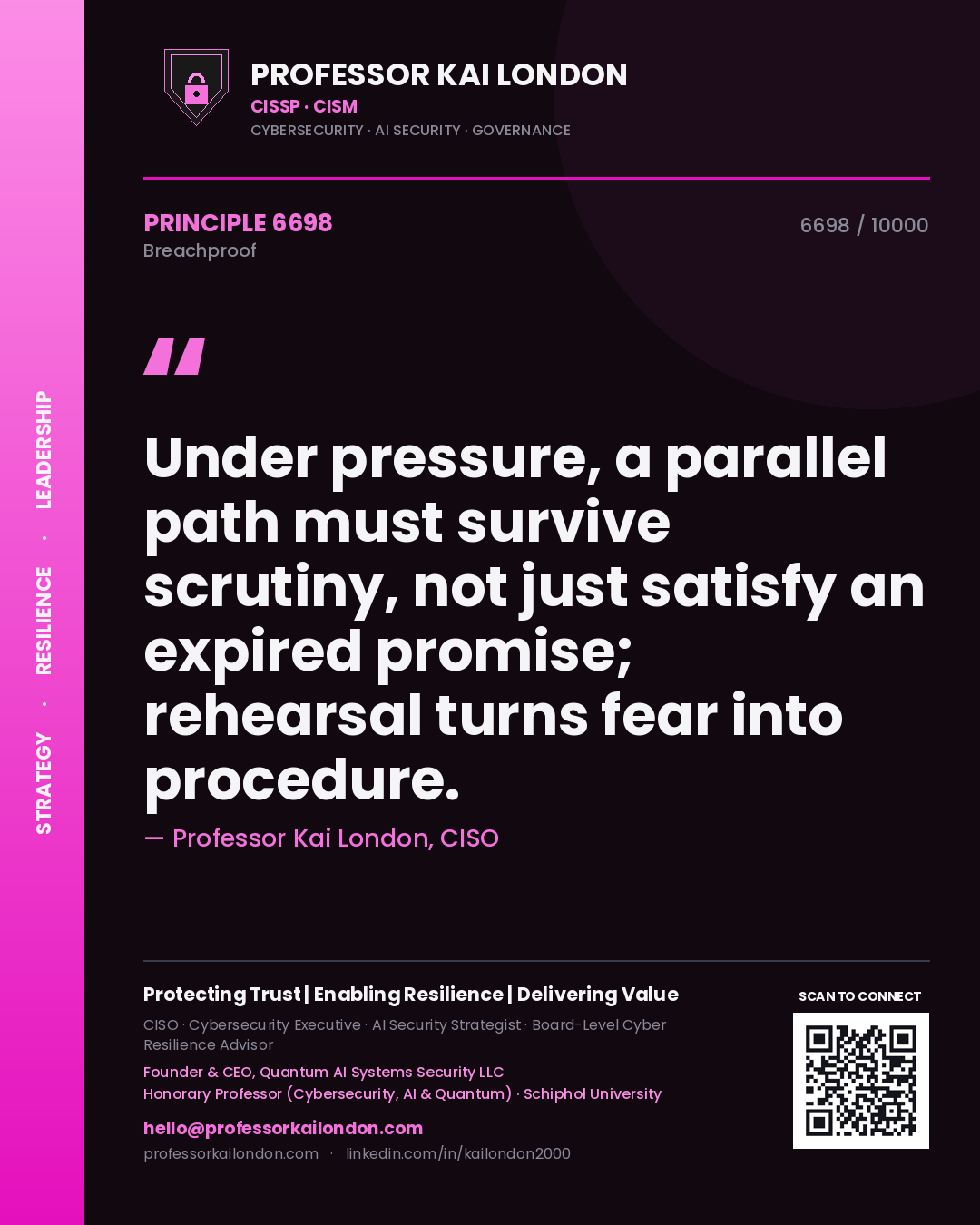 Professor Kai London principle 6698: Under pressure, a parallel path must survive scrutiny, not just satisfy an expired promise; rehearsal turns fear into procedure.