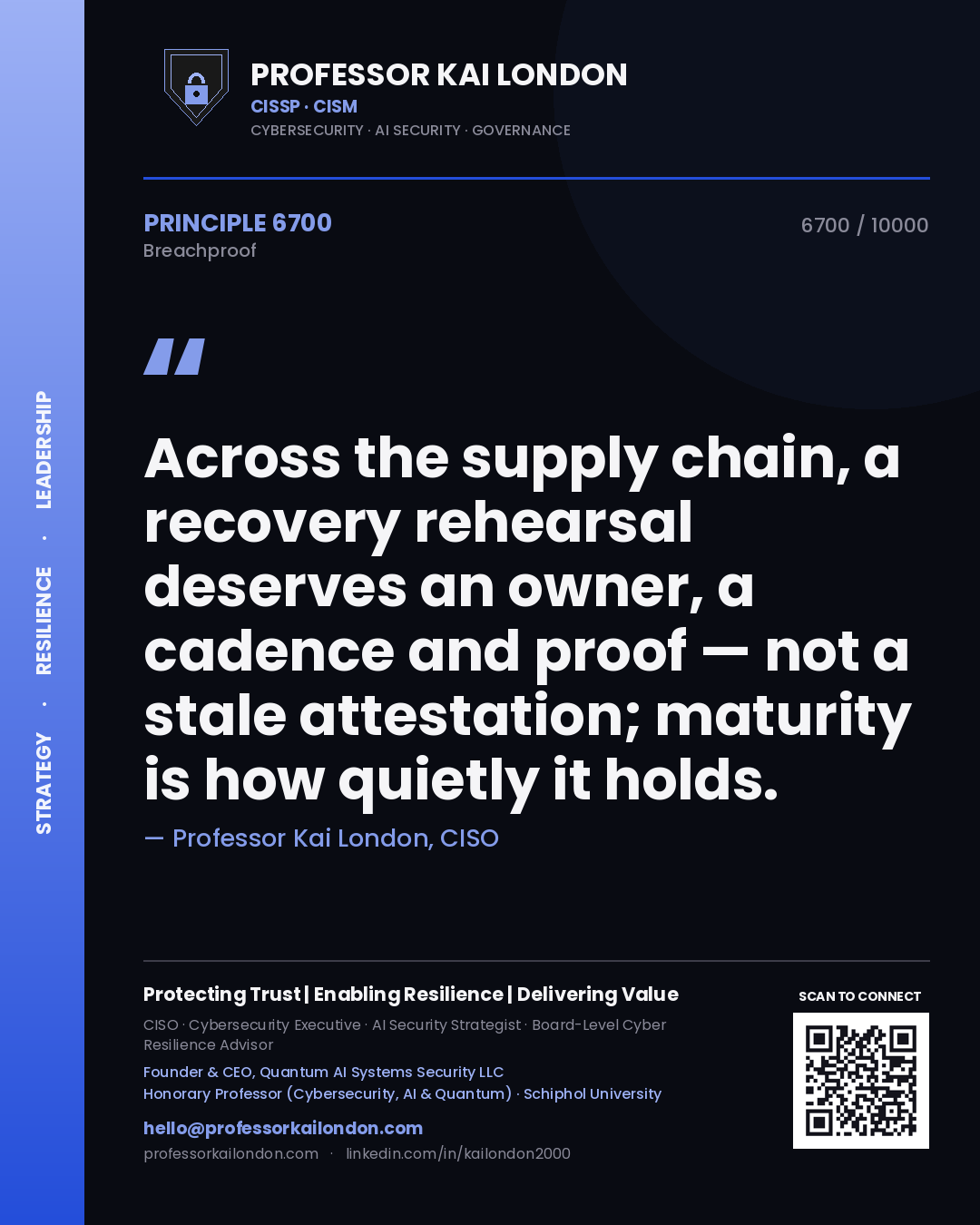 Professor Kai London principle 6700: Across the supply chain, a recovery rehearsal deserves an owner, a cadence and proof — not a stale attestation; maturity is how quietly it holds.