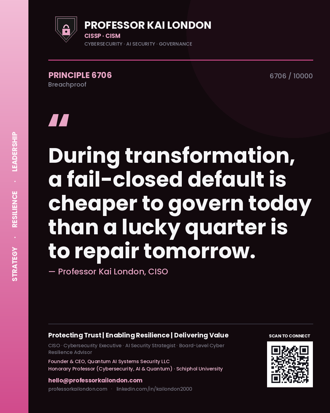 Quote card by Professor Kai London reading 'During transformation, a fail-closed default is cheaper to govern today than a lucky quarter is to repair tomorrow.'. From the book Breachproof.