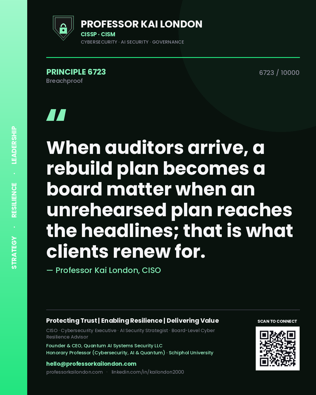 Quote card by Professor Kai London reading 'When auditors arrive, a rebuild plan becomes a board matter when an unrehearsed plan reaches the headlines; that is what clients renew for.'. From the book Breachproof.