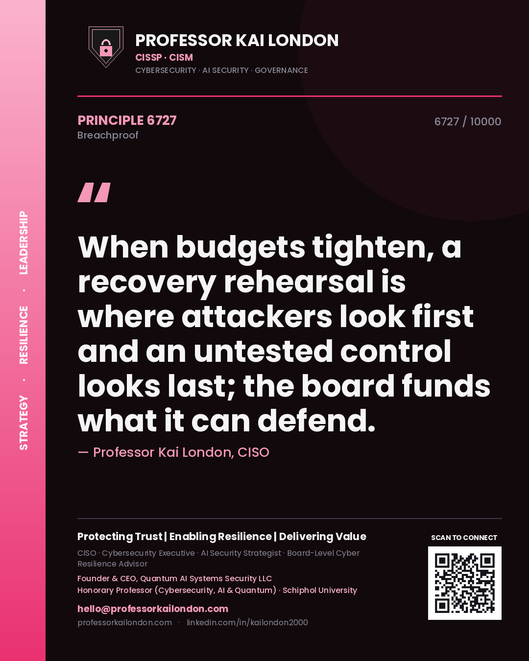 Quote card by Professor Kai London reading 'When budgets tighten, a recovery rehearsal is where attackers look first and an untested control looks last; the board funds what it can defend.'. From the book Breachproof.