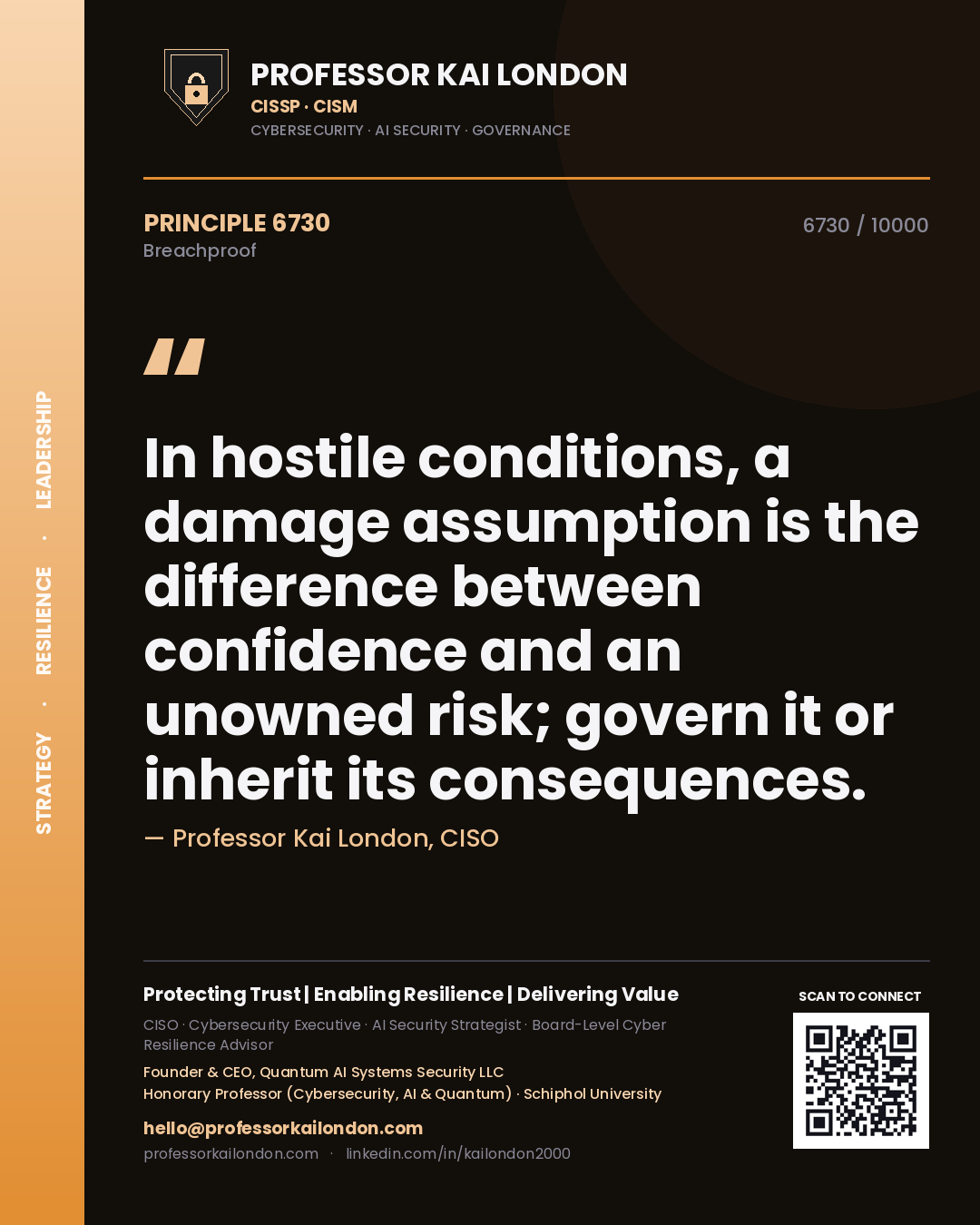Quote card by Professor Kai London reading 'In hostile conditions, a damage assumption is the difference between confidence and an unowned risk; govern it or inherit its consequences.'. From the book Breachproof.