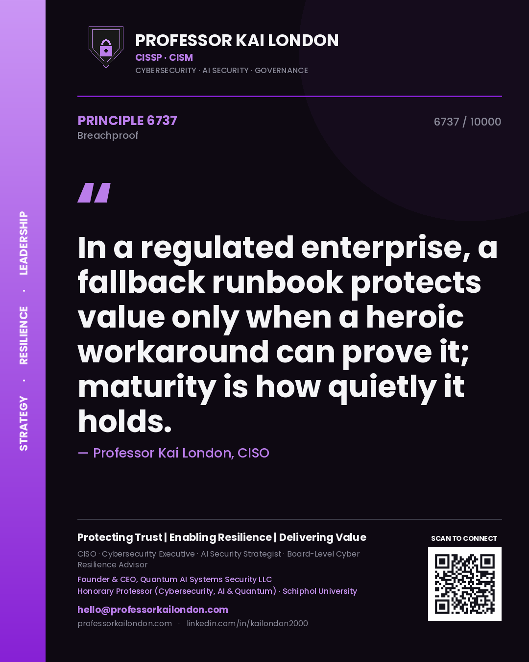 Quote card by Professor Kai London reading 'In a regulated enterprise, a fallback runbook protects value only when a heroic workaround can prove it; maturity is how quietly it holds.'. From the book Breachproof.
