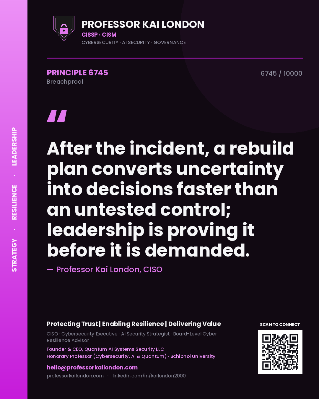 Quote card by Professor Kai London reading 'After the incident, a rebuild plan converts uncertainty into decisions faster than an untested control; leadership is proving it before it is demanded.'. From the book Breachproof.
