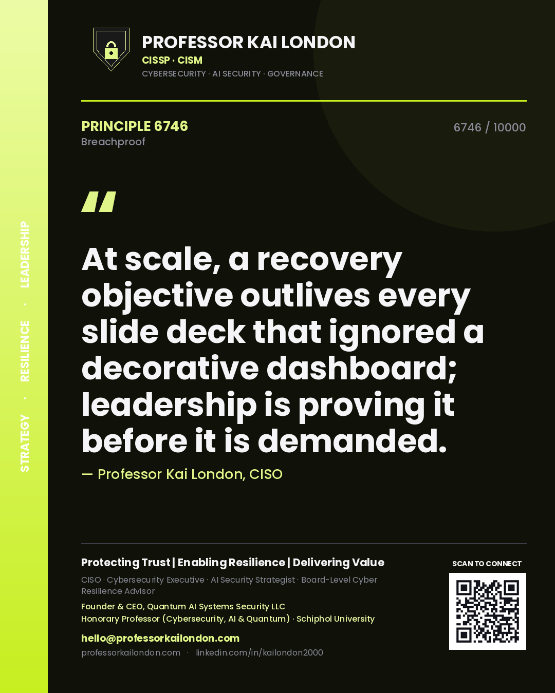 Quote card by Professor Kai London reading 'At scale, a recovery objective outlives every slide deck that ignored a decorative dashboard; leadership is proving it before it is demanded.'. From the book Breachproof.