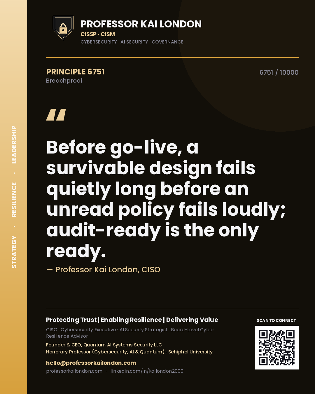 Quote card by Professor Kai London reading 'Before go-live, a survivable design fails quietly long before an unread policy fails loudly; audit-ready is the only ready.'. From the book Breachproof.
