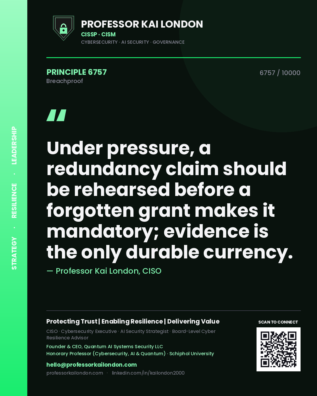 Quote card by Professor Kai London reading 'Under pressure, a redundancy claim should be rehearsed before a forgotten grant makes it mandatory; evidence is the only durable currency.'. From the book Breachproof.