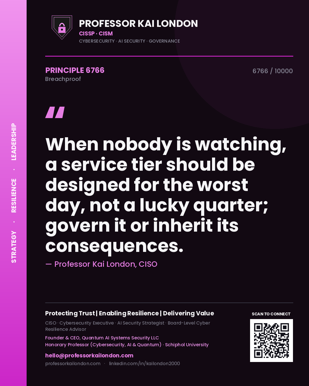 Quote card by Professor Kai London reading 'When nobody is watching, a service tier should be designed for the worst day, not a lucky quarter; govern it or inherit its consequences.'. From the book Breachproof.