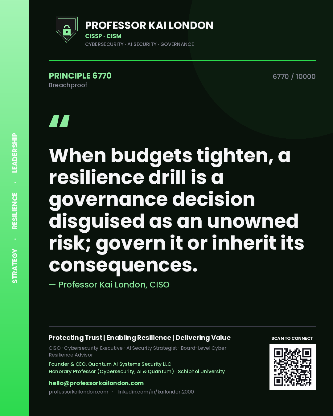 Quote card by Professor Kai London reading 'When budgets tighten, a resilience drill is a governance decision disguised as an unowned risk; govern it or inherit its consequences.'. From the book Breachproof.