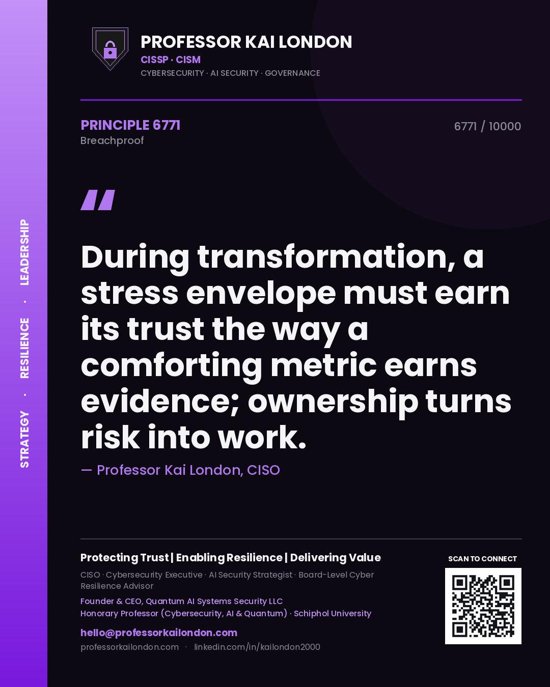 Professor Kai London principle 6771: During transformation, a stress envelope must earn its trust the way a comforting metric earns evidence; ownership turns risk into work.