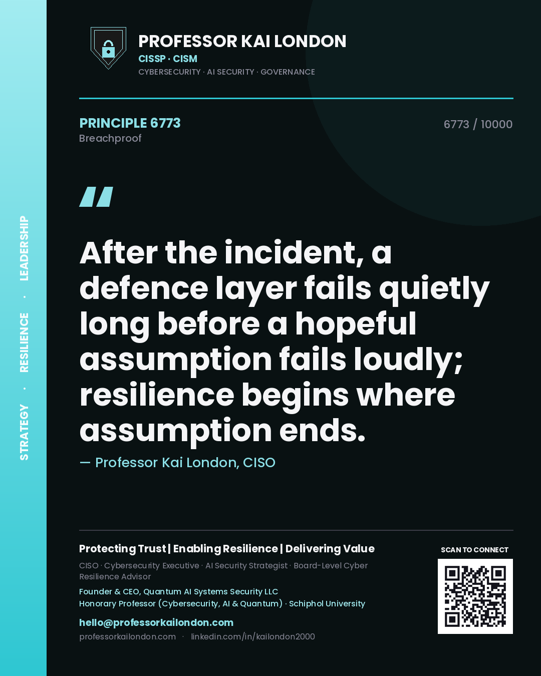 Quote card by Professor Kai London reading 'After the incident, a defence layer fails quietly long before a hopeful assumption fails loudly; resilience begins where assumption ends.'. From the book Breachproof.
