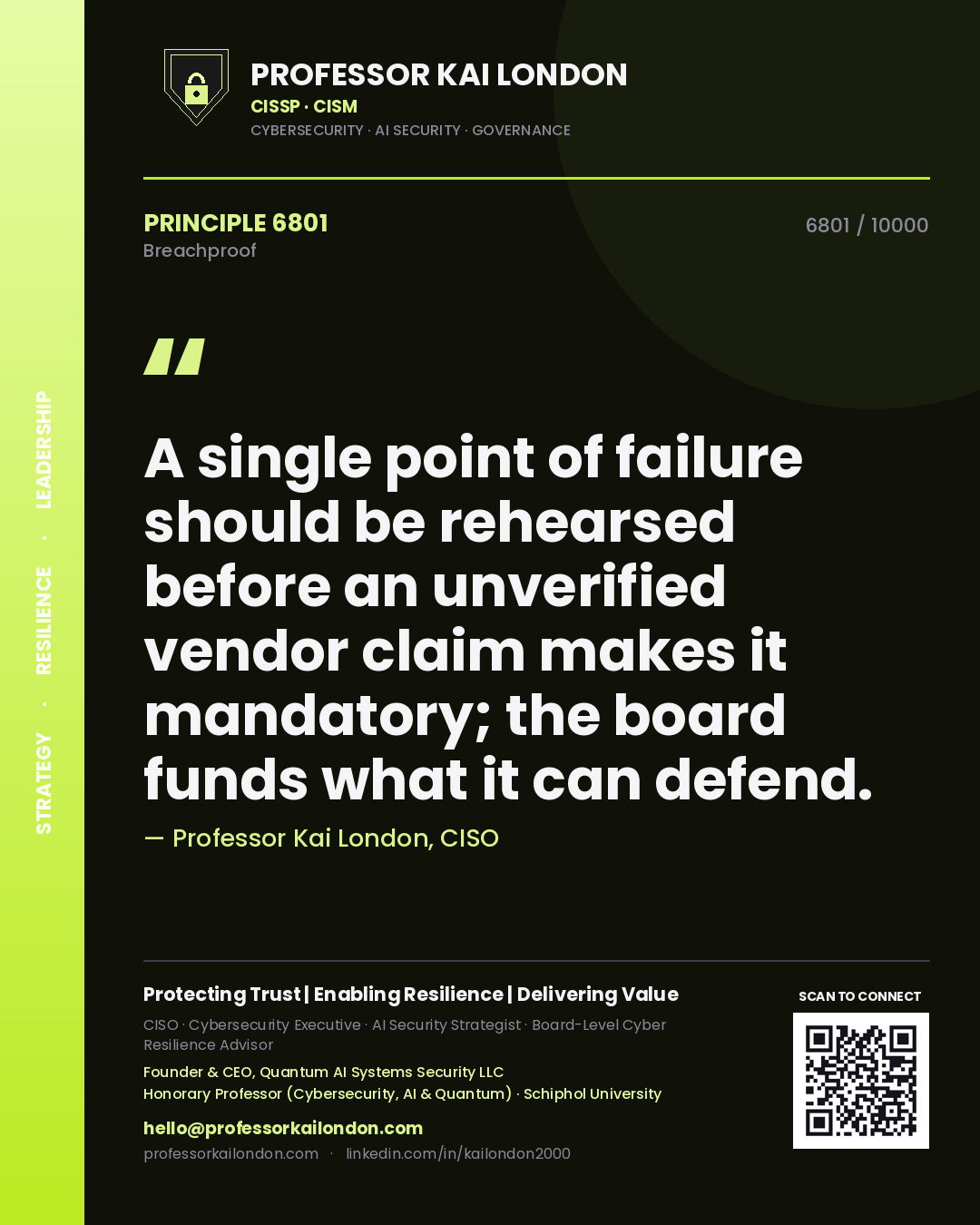Quote card by Professor Kai London reading 'A single point of failure should be rehearsed before an unverified vendor claim makes it mandatory; the board funds what it can defend.'. From the book Breachproof.