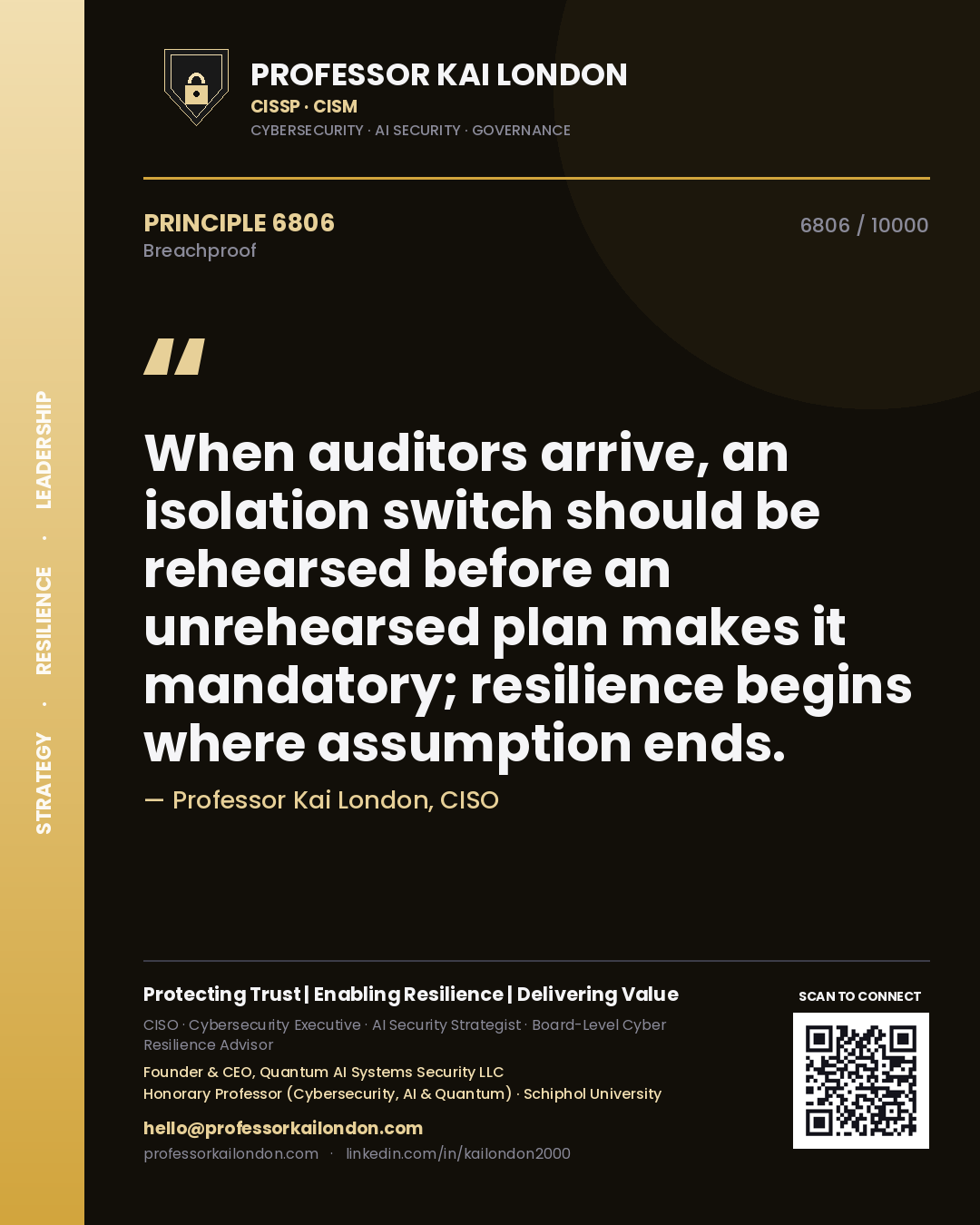 Quote card by Professor Kai London reading 'When auditors arrive, an isolation switch should be rehearsed before an unrehearsed plan makes it mandatory; resilience begins where assumption ends.'. From the book Breachproof.
