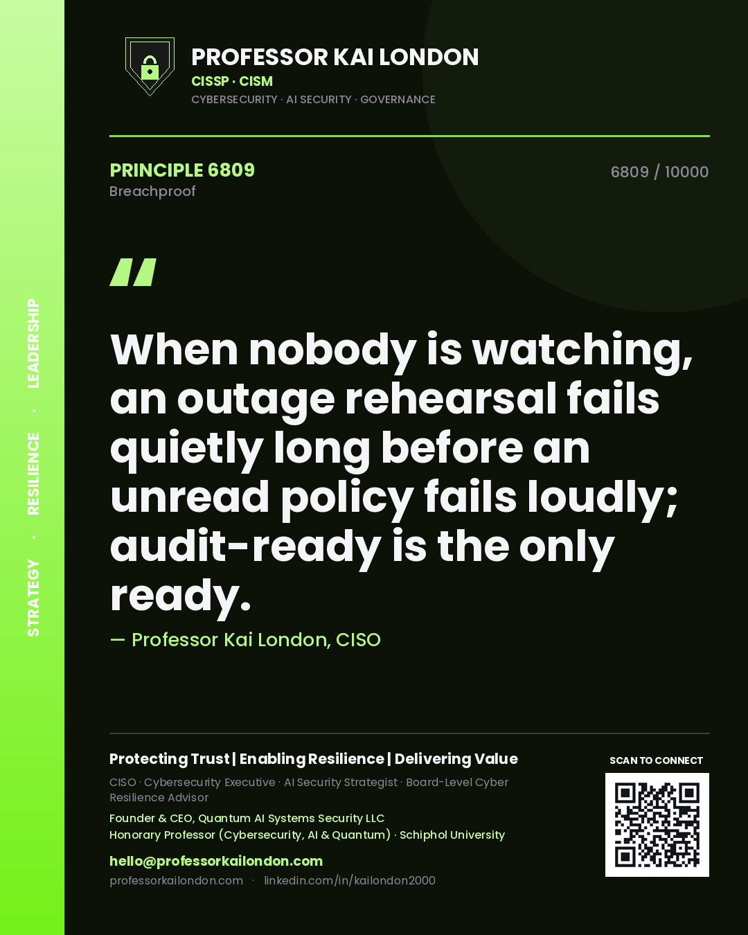 Quote card by Professor Kai London reading 'When nobody is watching, an outage rehearsal fails quietly long before an unread policy fails loudly; audit-ready is the only ready.'. From the book Breachproof.
