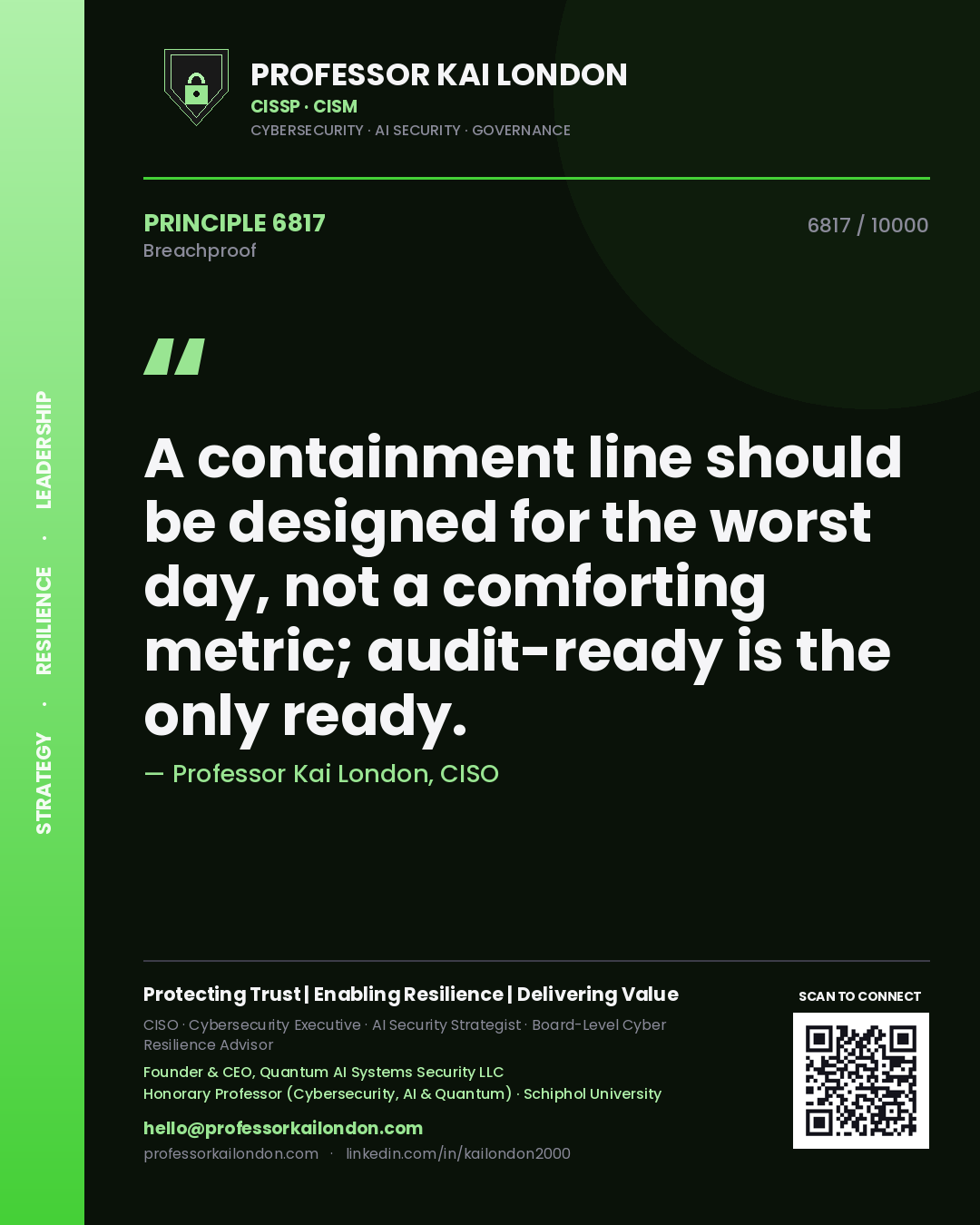 Quote card by Professor Kai London reading 'A containment line should be designed for the worst day, not a comforting metric; audit-ready is the only ready.'. From the book Breachproof.