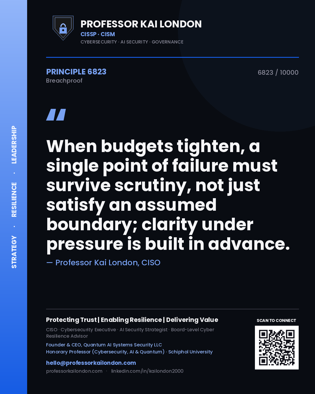 Quote card by Professor Kai London reading 'When budgets tighten, a single point of failure must survive scrutiny, not just satisfy an assumed boundary; clarity under pressure is built in advance.'. From the book Breachproof.