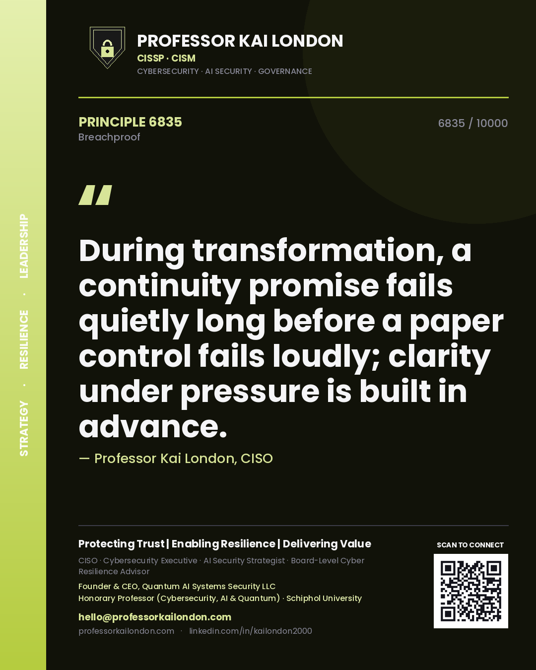 Professor Kai London principle 6835: During transformation, a continuity promise fails quietly long before a paper control fails loudly; clarity under pressure is built in advance.