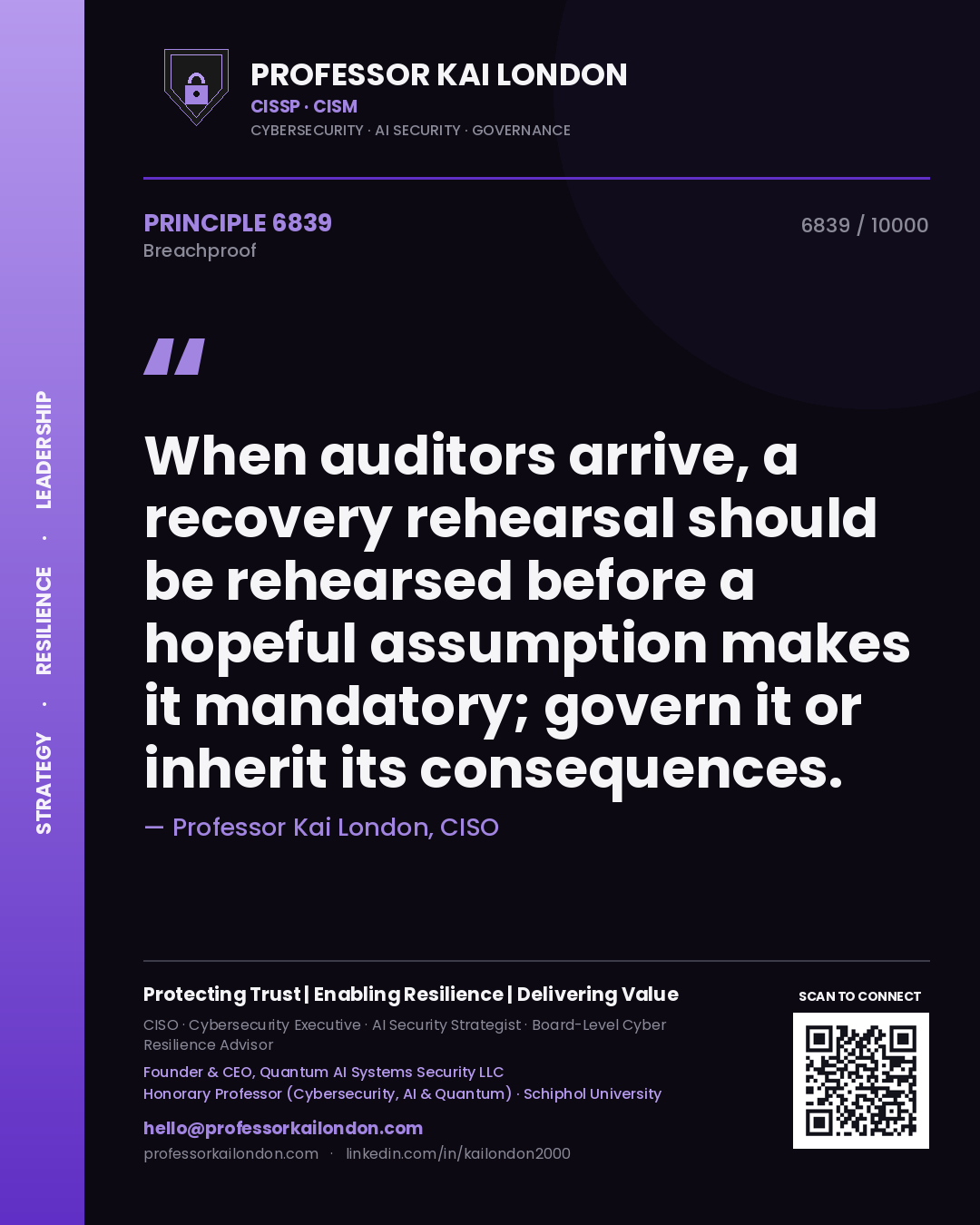 Quote card by Professor Kai London reading 'When auditors arrive, a recovery rehearsal should be rehearsed before a hopeful assumption makes it mandatory; govern it or inherit its consequences.'. From the book Breachproof.