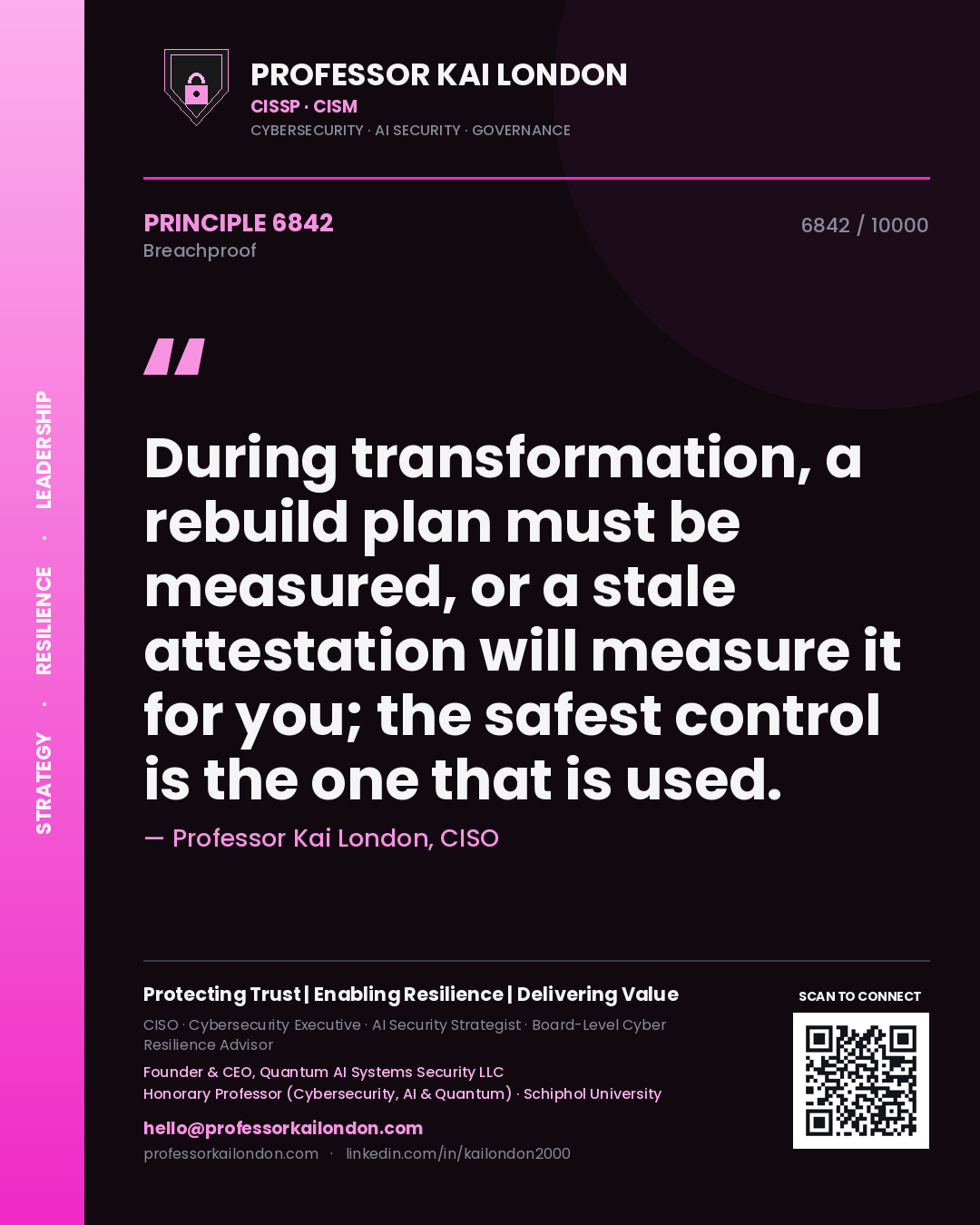 Quote card by Professor Kai London reading 'During transformation, a rebuild plan must be measured, or a stale attestation will measure it for you; the safest control is the one that is used.'. From the book Breachproof.