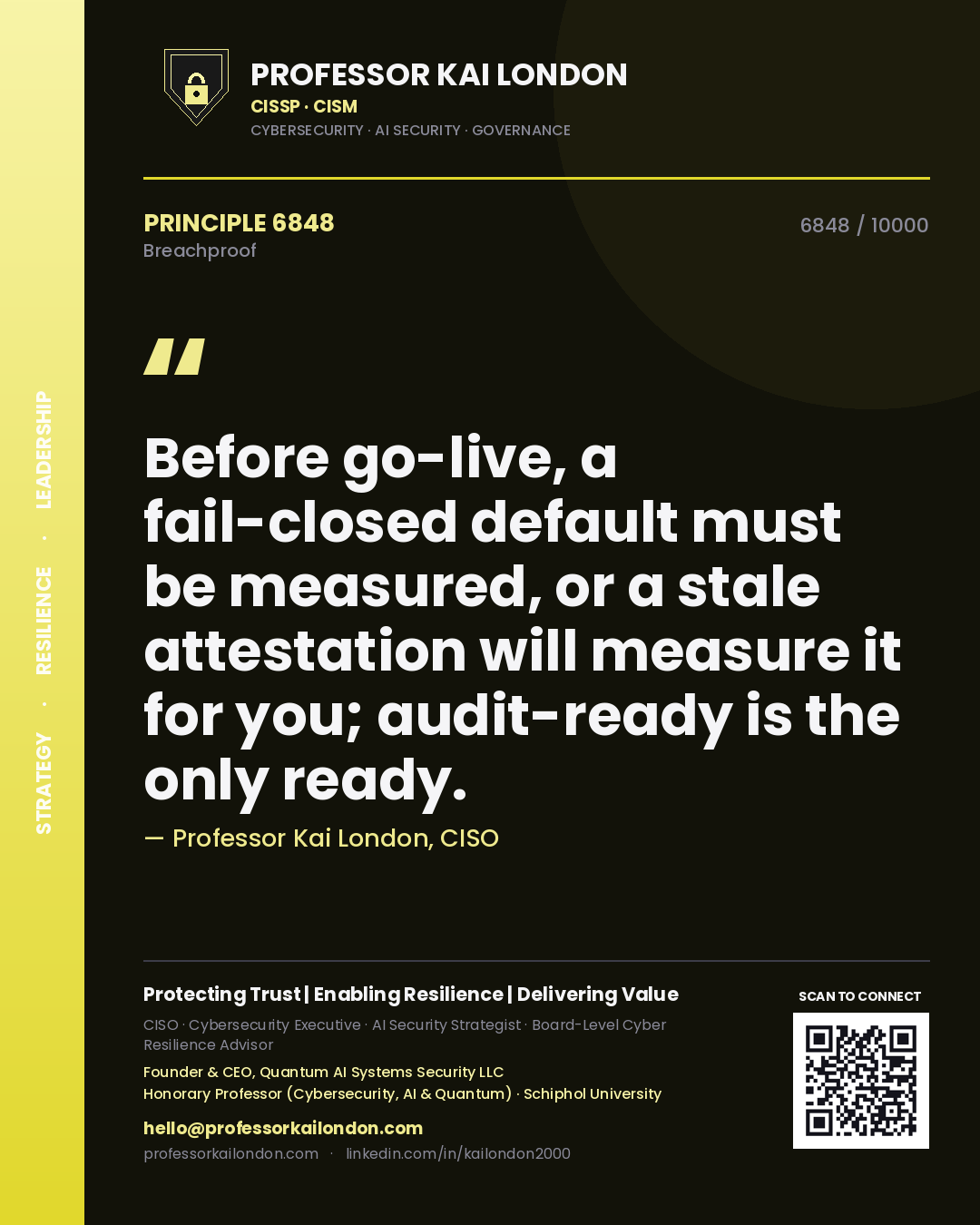 Professor Kai London principle 6848: Before go-live, a fail-closed default must be measured, or a stale attestation will measure it for you; audit-ready is the only ready.