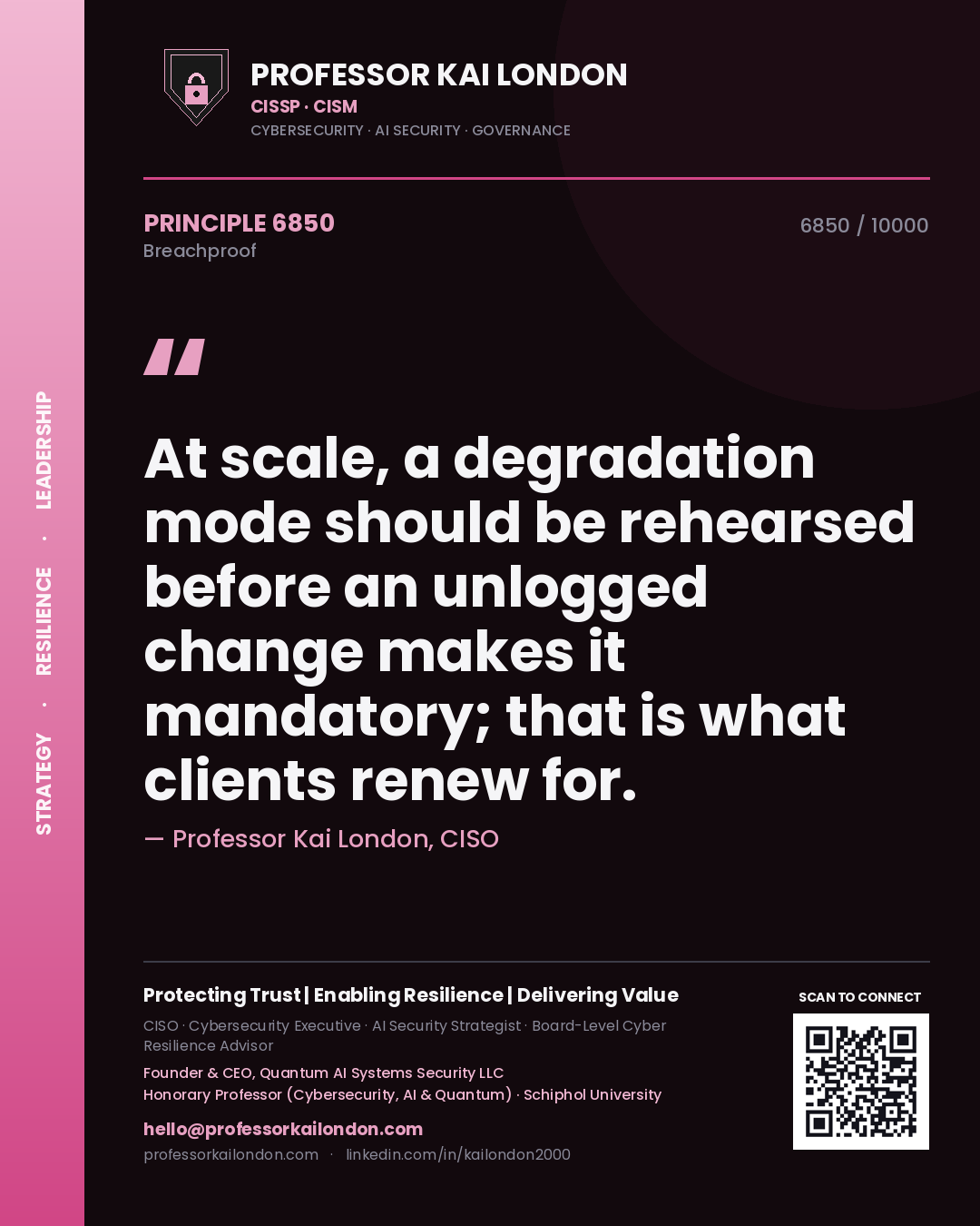 Professor Kai London principle 6850: At scale, a degradation mode should be rehearsed before an unlogged change makes it mandatory; that is what clients renew for.