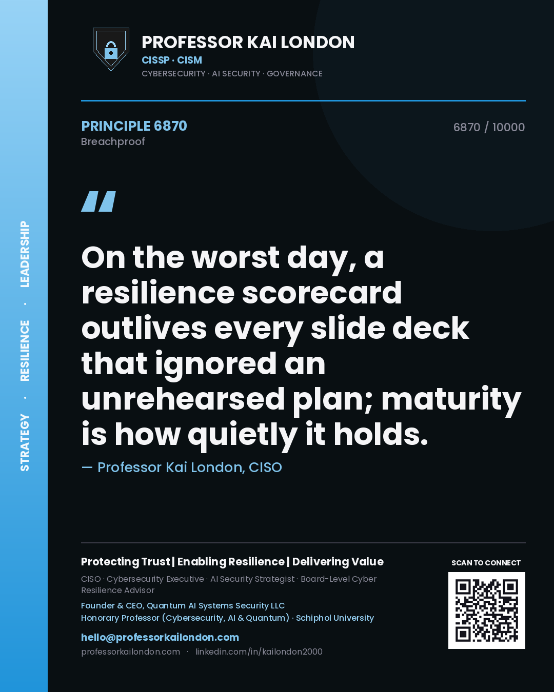 Quote card by Professor Kai London reading 'On the worst day, a resilience scorecard outlives every slide deck that ignored an unrehearsed plan; maturity is how quietly it holds.'. From the book Breachproof.